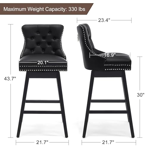 Image of Swivel Bar Stool Set of 3 with Back, Faux Leather Counter Height Bar Stools, Upholstered Tufted Counter Height Chairs, Solid Wood Legs (Black, 30 inch H Seat)