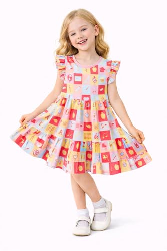 Image of HILEELANG Girls Cotton Tiered Dress Flutter Ruffle Sleeve Summer Swing Sundress Birthday Party Casual Outfit Colorblock 2-12Y