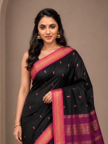 Image of Pure Kalyani Cotton Saree | Zari Border & Blouse Piece - Lata Gadwal Design | Traditional Saree