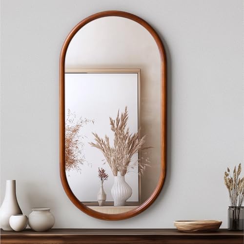 Navaris Specchio da Parete Lungo con Cornice Legno - per Bagno Camera da Letto Ingresso Salotto - da Appendere in Verticale o Orizzontale - Design Moderno - Forma Ovale - 75x38x2cm