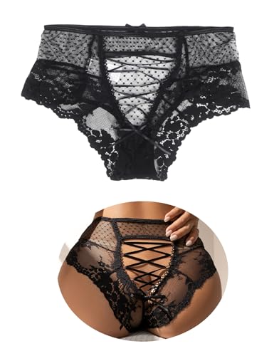 sunshinelady Plu Size Lace Knickers for Women Sheer Mesh Briefs Sexy Panties High Waist Womens Underwear Criss Cross Back Hipster Tanga Briefs French Brazilian Knickers Black 18