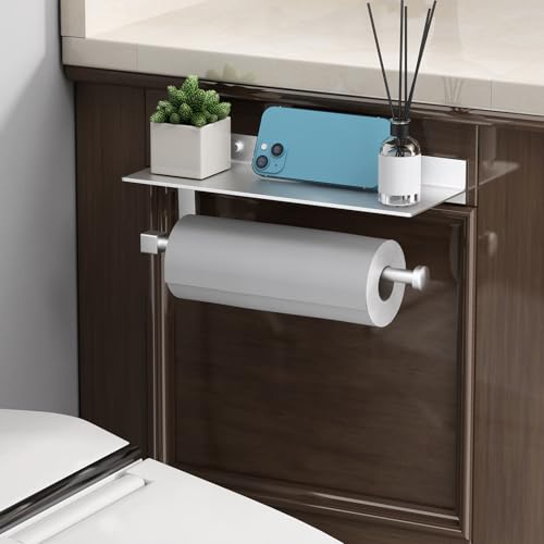 Danpoo Wall Mount Paper Towel Holder with Shelf for Bathroom/Kitchen, Adhesive Hand Towel Holder, Matte Silver - Image 6