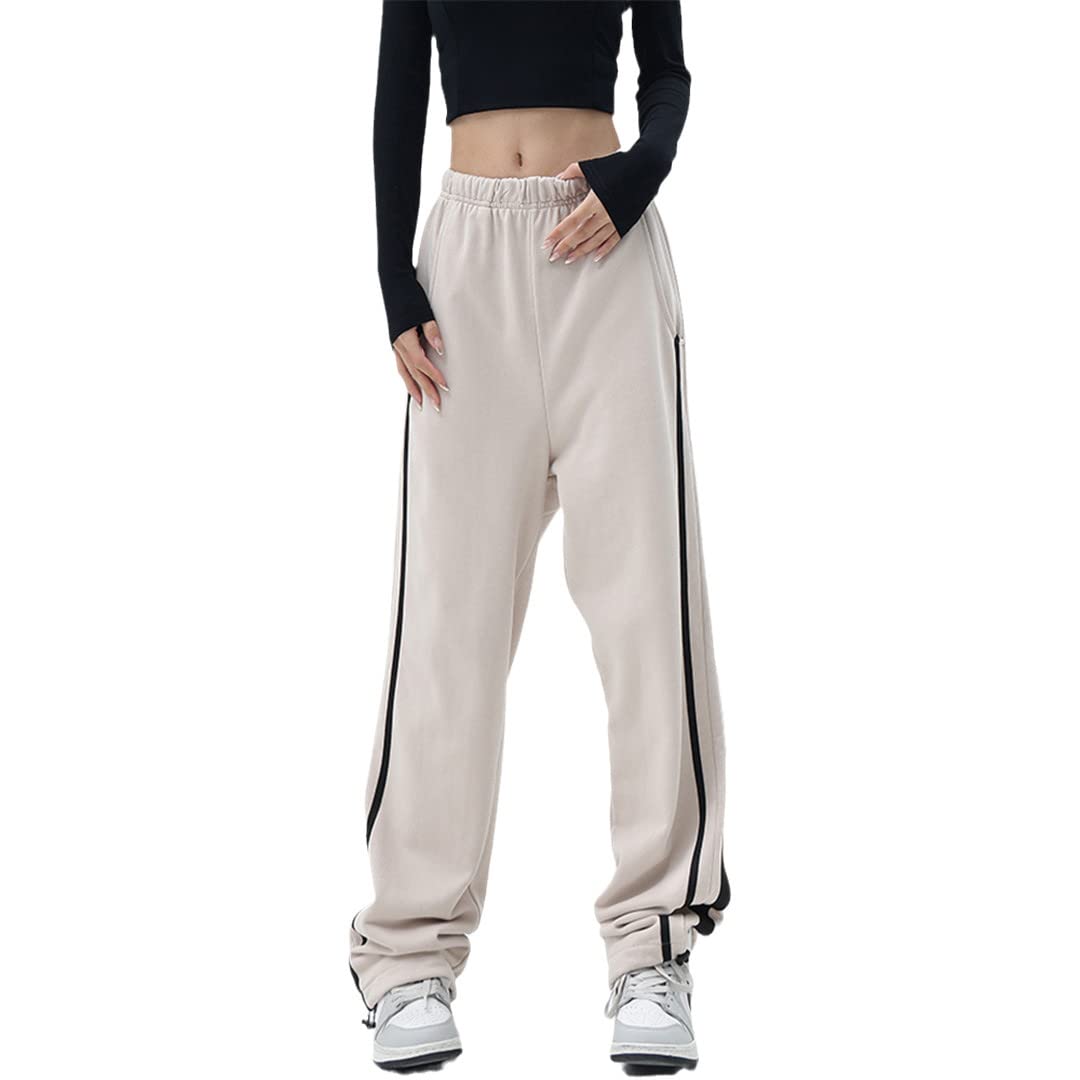 Dninmim Pantaloni della tuta da donna Pantaloni larghi in vita elastica Pantaloni dritti casual larghi primavera Streetwear, Beige, S