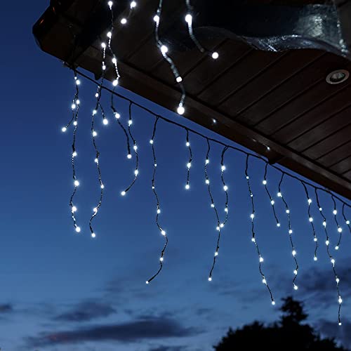 Festive Lights - ConnectGO Connectable Indoor & Outdoor Icicle Lights - Mains Powered LED Lighting with Black PVC Cable - Christmas, Garden, Home & Party (White, 5m)