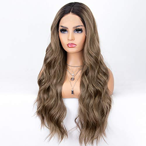 K'ryssma Brown Lace Front Wigs Ombre Dark Roots Natural Looking Glueless Long Wavy