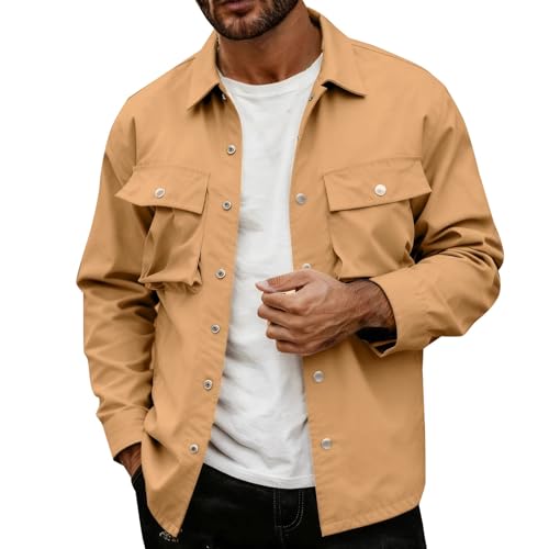 JOFOW Tactical Shirt Jacket for Men Loose Fit Button Up Cargo Long Sleeve Casual Business Work Coat Khaki 3XL