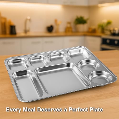 Image of Expresso Heavy Duty Stainless Steel Rectangle Dinner Plate w /8 Sections Divided Mess Trays for Kids Lunch, Camping, Events & Every Day Use Kitchenware - Set of 2 Pcs