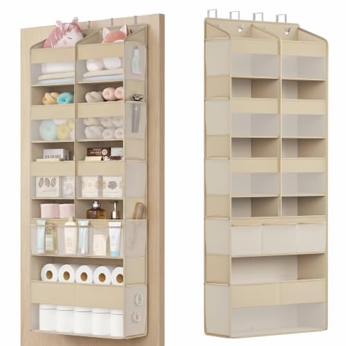 SONGMICS Organizador de Puerta, 9 Compartimentos, Colgador Plegable, Ganchos Metálicos, Frontal Transparente, Bolsillos Laterales, Beige Arena RDH009LF01