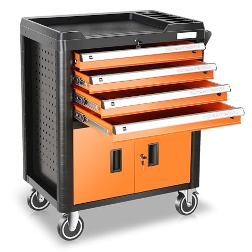 Auto Dynasty Universal Max 440 Lbs Orange 4 Drawer Plastic Top Tray Powder-Coated Steel Roller Cabinet for Garage Warehouse Home Office Workshop Repair Tools