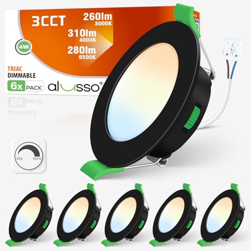 ALUSSO LED Einbaustrahler 230V 4W Flach Dimmbar LED Spots 230V 68mm Deckenspots Einbauleuchten Warmweiß 3000K Neutralweiß 4000K Kaltweiß 6500K Schwarz IP44 Einbauspots für Badezimmer 6er Set