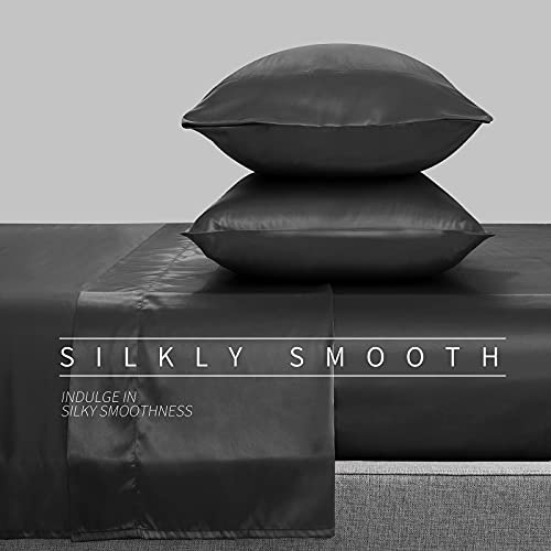 Cobedzy 4 Pcs Black Satin Sheets Full Size Silky Satin Bedding Sheets Set With 1 Deep Pocket Fitted Sheet, 1 Flat Sheet, 2 Pillowcase #TOP2