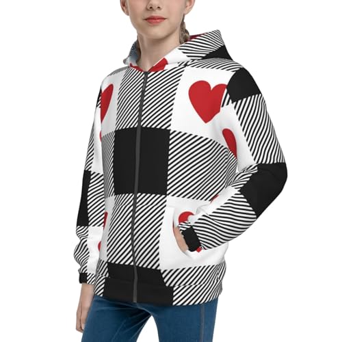 Heart Black Buffalo Plaid Gingham Kids Pullover Hoodies Boys Zip Up Sweatshirts Girls Athletic Clothes with Pocket