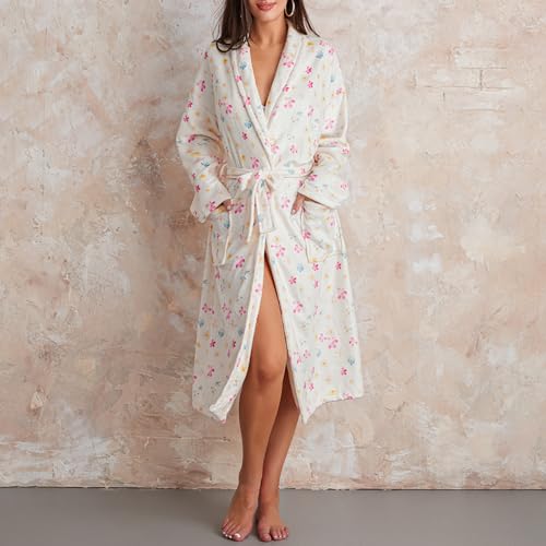 Owl's-Yard Women's Soft Summer Dressing Gown Floral Fruit Print Plush Shawl Collar Bathrobe Warm Lounge Robe with Belt2