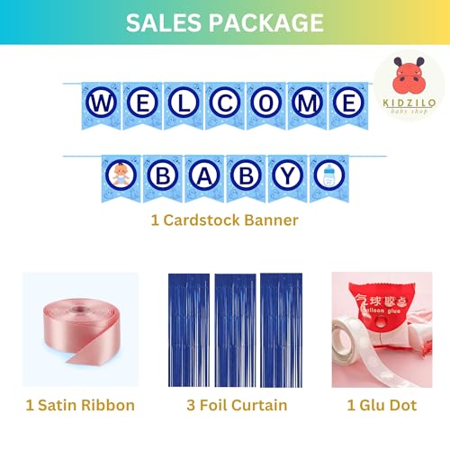 Image of 57 Pcs Welcome Baby Boy Decoration Kit | Balloons, Banner, Curtains, Foils, Stars, Hearts, Ribbon & Confetti for Baby Shower & Newborn Celebration Set 04