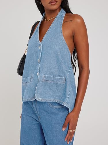 Image of Tankaneo Womens Halter Denim Vest Tops Summer Sleeveless Open Back Y2K Going Out Jean Tank Tops V Neck Button Up Waistcoat