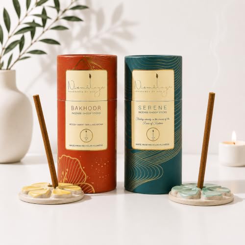 Image of Nirmalaya Premium Serene & Bakhoor Bambooless Dhoop Sticks (80 Sticks) with Ceramic Stand Sacred Temple Flower | 100% Charcoal-Free | for Pooja, Meditation, Yoga & Home Fragrance