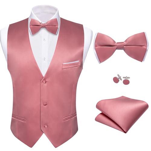 Image of Barry.Wang Mens Suit Vest Bow Tie Set 4PCS Formal V-neck Slim Fit Casual Solid Color Waistcoat Wedding Party Tuxedo