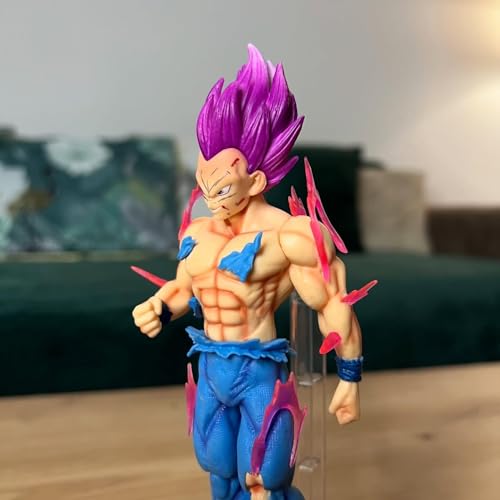 Image of Dragon Ball Super Saiyan Vegeta Action Figure Toy, Violet Hair, Battle Damaged Style, with Display Stand (Height 20 Cm)