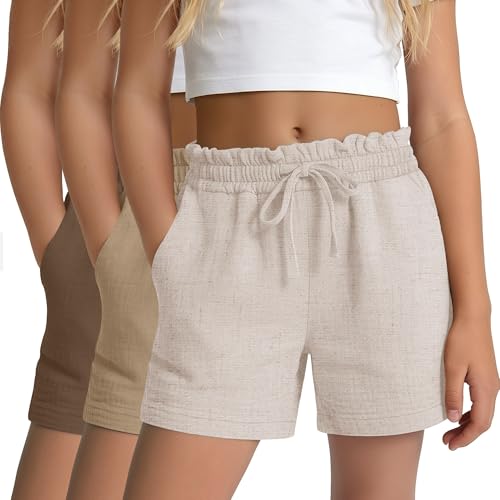 Halfchet 3 Pack Girls Linen Shorts Ruffle Elastic Waist Shorts with Pockets Kids Summer Casual Linen Short Pants 5-14 Years(Brown Khaki Linen 11-12 Years)