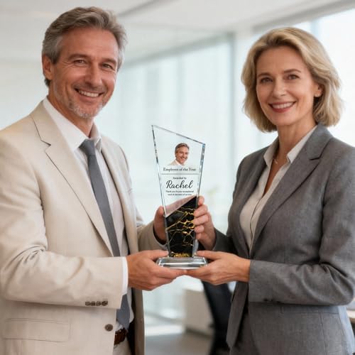Personalized Crystal Trophy Award - Custom Plaque Award with Text Logo Photo - Employee Recognition Awards and Trophies - Corporate, Sports, Academic Events, Retirement, Thank You Gifts (Black Gold) - 1