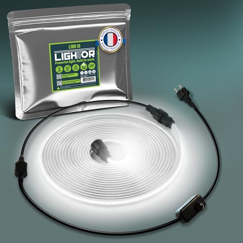 Lightor® Link 10 – Éclairage de chantier 220 V COB – ruban LED 10 m, lumière continue, variateur intégré et extensible sans outil – kit complet IP65 étanche pour usage intérieur/extérieur