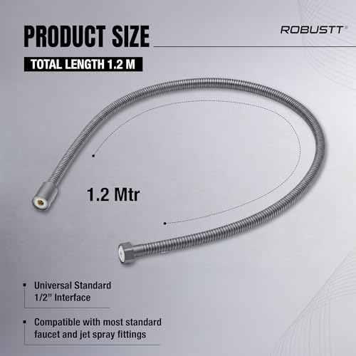 Image of Robustt Premium 304 Stainless Steel Jet Spray Hose Pipe for Toilet (Grey), 1.2m Flexible Hose Pipe with Anti Corrosion Finish, Hand Shower Pipe, Universal G1 /2 Fittings, High Pressure Faucet Pipe