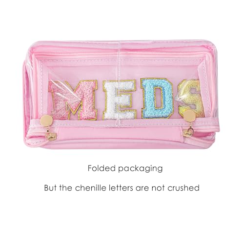 Large Waterproof Chenille Letter Medicine Clear Makeup Bag, Transparent PVC Nylon Preppy Patch Cosmetic Bag with Handle, Portable Meds First Aid Travel Organizer Cosmetic Bag (04MEDS-Light Pink)4