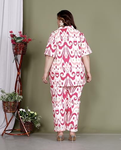 Image of Printed Shirt Style Cotton Night Suit for Women with Extra Plus Size