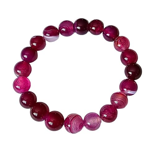 Treasure Bay - TreasureBay Bracelet de perles de pierres précieuses naturelles de 10 mm fait à la main pour hommes et femmes | Bracelet Perles Élastique (Agate rose foncé)