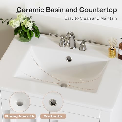 Image of Tribesigns 24 inch Modern Bathroom Vanity with Sink, Freestanding Bathroom Vanities Cabinet with Ceramic Basin Combo, Bathroom Sink Cabinet with 2 Doors and 1 Drawer, Solid Wooden Frame, White