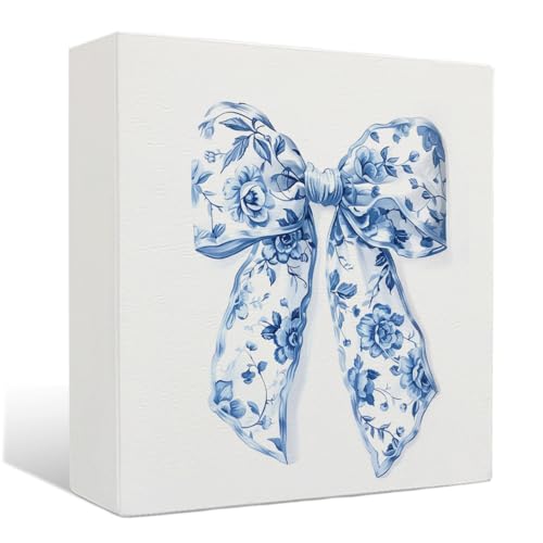 Nrleey Chinoiserie Coquette Wooden Sign - Blue Bow Chinoiserie Wooden...