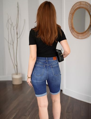 Image of luvamia Bermuda Jean Shorts Women High Rise Stretchy Cuffed Hem Denim Jorts