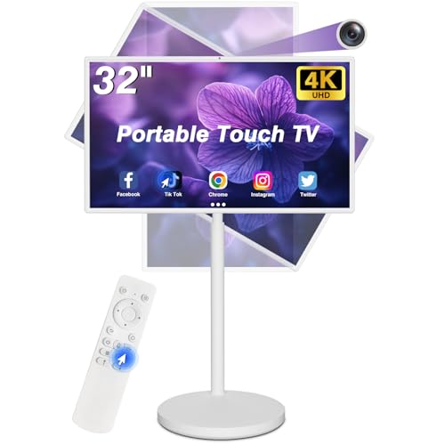 32In Wireless Smart Portable TV on Wheels 4K Smart Touchscreen Monito,Mobile TV Tablet,Android 13,(5-8-Hour) Battery,with 4K Camera,Full Swivel Rotation,(8RAM+128GB) Voice Remote Control(32 inch Pro)