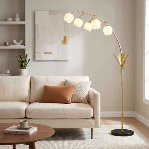 Image of HMVPL Gold Floor Lamp for Living Room, Flower Floor Lamp with 5 G9 LED Bulbs, Foot Switch, Arc Tall Lamp with Acrylic Shade, Marble Base, Mid Century Standing Lamp for Living Room Corner Bedroom Home