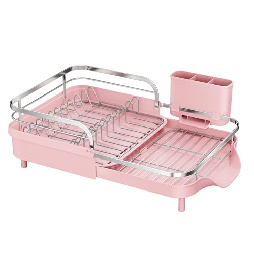 Image of SAYZH Dish Drying Rack - Expandable Dish Rack for Kitchen Counter, Rust-Resistant Dish Drainer with Utensil Holder and Raised Guardrail, Kitchen Organizer for Cup and Bottle (Pink)