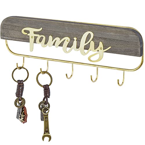 MyGift Wall Mounted Weathered Gray Wood Entryway Key Organizer Rack with 4 Hooks and Brass Tone Metal Wire Frame Family Word Cutout