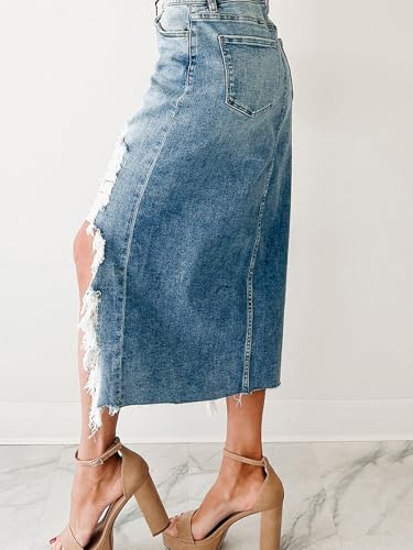 Jean Skirts for Women Asymmetrical Hem Frayed Distressed Denim Skirt Western Cowboy Button High Waist Midi Skirts3
