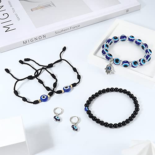 Jslohas 11Pcs Evil Eye Necklace Pendant For Women Men Leather Rope Evil Eye Earrings Protection Bracelet Jewelry Set Evil Eye Charms #TOP2
