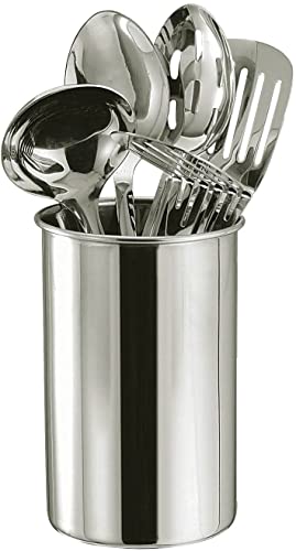 Acense Kitchen Tool Stainless Steel Set 6 Pieces, Includes Sturdy Holder, Solid Spoon, Straining Spoon, Masher, Utensil Holder Turner Ladle, Dishwasher Safe