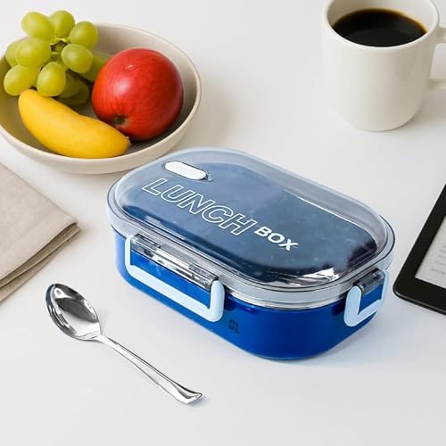 Image of Stainless Steel Outer Lunch Box with Inner Plastic Body | Leak Proof Compartment Tiffin Box with Stainless Steel Spoon & 1 Plastic Box | Lock Mechanism for Kids & Adults Office School Use