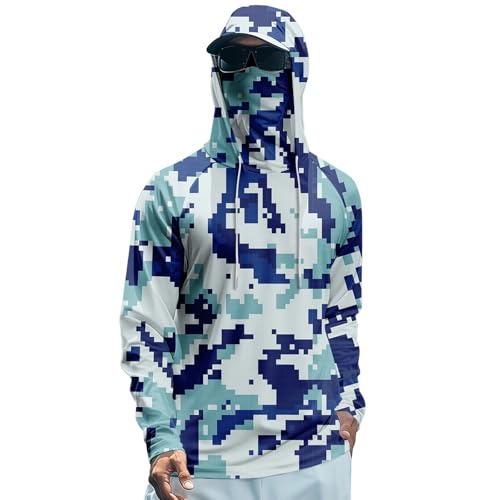 Men Fishing Shirt with Hood UPF 50+ with Mask 2025 Sun Protection Cooling Hoodies Fishing Blouses