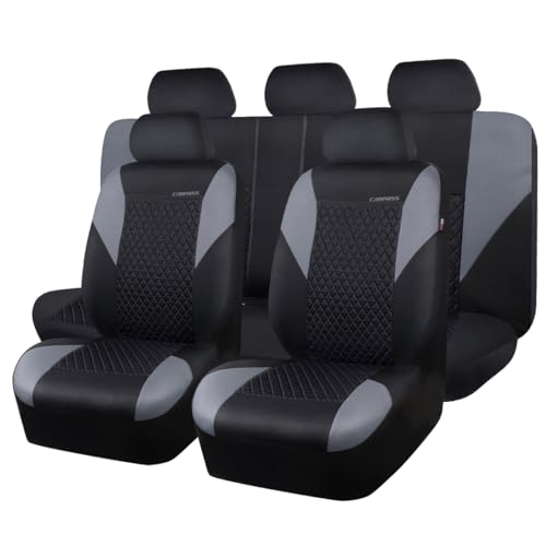CAR PASS Ultrasonic Embossing Cloth Universal Seat Covers-Breathable Car Seat Cover with 5mm Composite Sponge Inside,Airbag Compatible,2zipper Bench for Sedan,SUV,Truck(Black and Gray,Full Set)