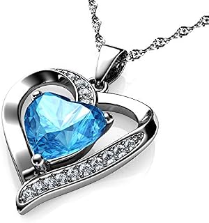 DEPHINI - Heart Necklace - 925 Sterling Silver - Aquamarine Birthstone Embellished with Branded Crystal Pendant - Fine Jewellery Woman Necklace 18" Rhodium Plated Silver Chain - A+ Cubic Zirconia