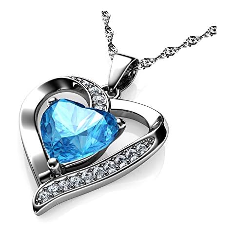 DEPHINI - Heart Necklace - 925 Sterling Silver - Aquamarine Birthstone Embellished with Branded Crystal Pendant - Fine Jewellery Woman Necklace 18" Rhodium Plated Silver Chain - A+ Cubic Zirconia Cover