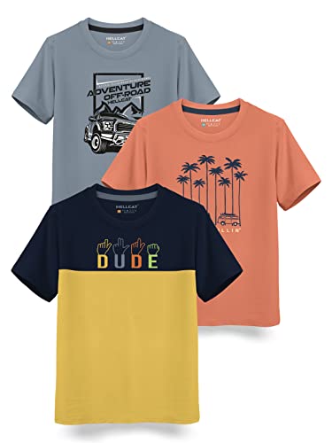 Image of HELLCAT Boys Round Neck Printed Blended Cotton Tshirt -Combo Pack of 2 - Orange /Blue