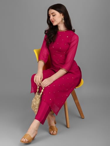 Image of Saanjh Women's Faux Georgette Embellished Printed Straight Kurta with Bottom||Kurta Set