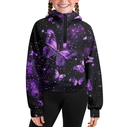 Girls Crop Top Hoodie 5-14T Kids Half Zip Raglan Sweatshirt Raglan