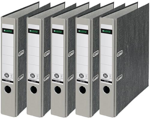 Leitz Qualitäts-Ordner, das Original, DIN A4 Aktenordner 8 cm breit, Wolkenmarmor-Papier, Recycling-Ordner, Blauer Engel, Mit 180° Mechanik, Höchste Stabilität (Schmal, Grau, 5 Stück)