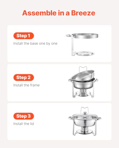 VEVOR Chafing Dish Buffet Set, 5 Qt 4 Pack, Stainless Steel Chafer with 4 Full Size Pan, Round Catering Warmer Server with Glass Lid Water Pan Folding Stand Fuel Holder, for Wedding Party Banquet - Image 7