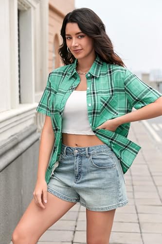 Image of SANGTREE Girls and Women Plaid Shirt Short Sleeve Button Down Summer Blouses Tops